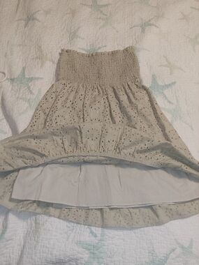 Smocked Eyelet Midi Dress in Light Beige